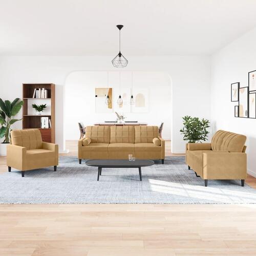 3 personers sofa med hynder og bolsterpuder velour brun
