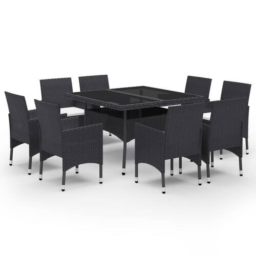 Spisebordssæt til haven 9 dele polyrattan og glas sort