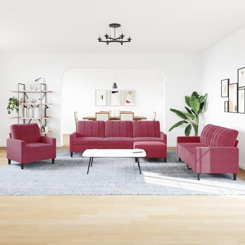 Sofasæt 4 dele med hynder velour vinrød