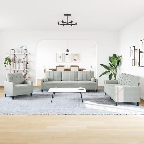 3 personers sofa med hynder og bolsterpuder velour lysegrå