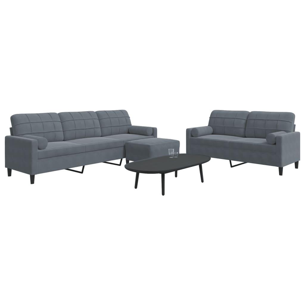 3 personers sofa med hynder og bolsterpuder velour mørkegrå