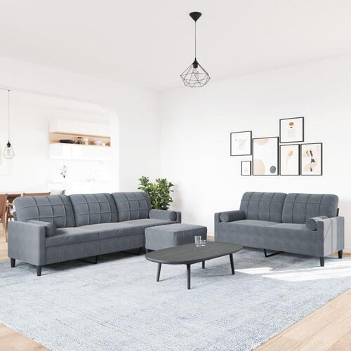 3 personers sofa med hynder og bolsterpuder velour mørkegrå