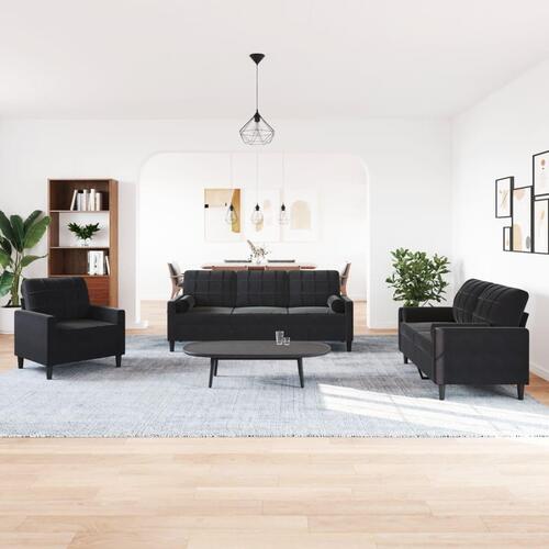 3 personers sofa med hynder og bolsterpuder velour sort