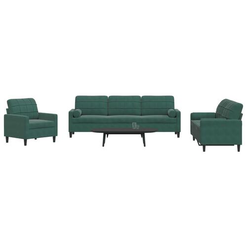 3 personers sofa med hynder og bolsterpuder velour mørkegrøn