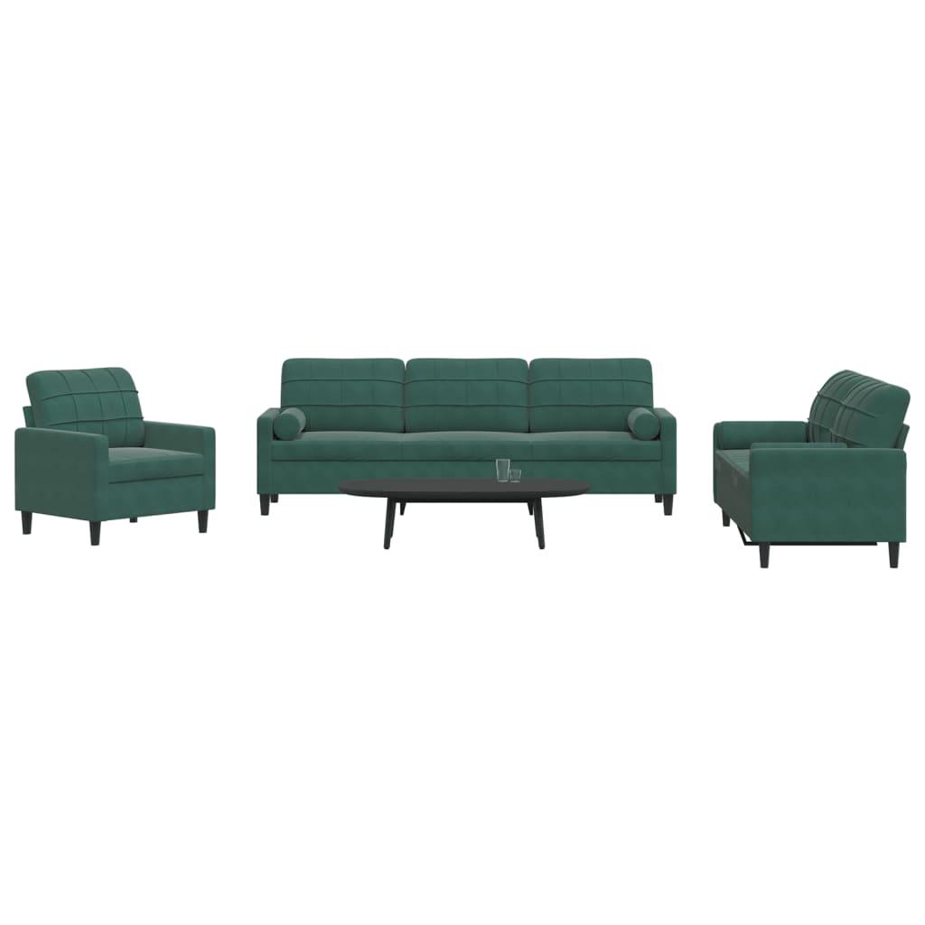 3 personers sofa med hynder og bolsterpuder velour mørkegrøn