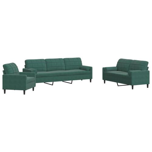 3 personers sofa med hynder og bolsterpuder velour mørkegrøn