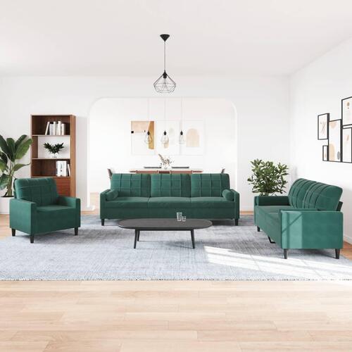 3 personers sofa med hynder og bolsterpuder velour mørkegrøn