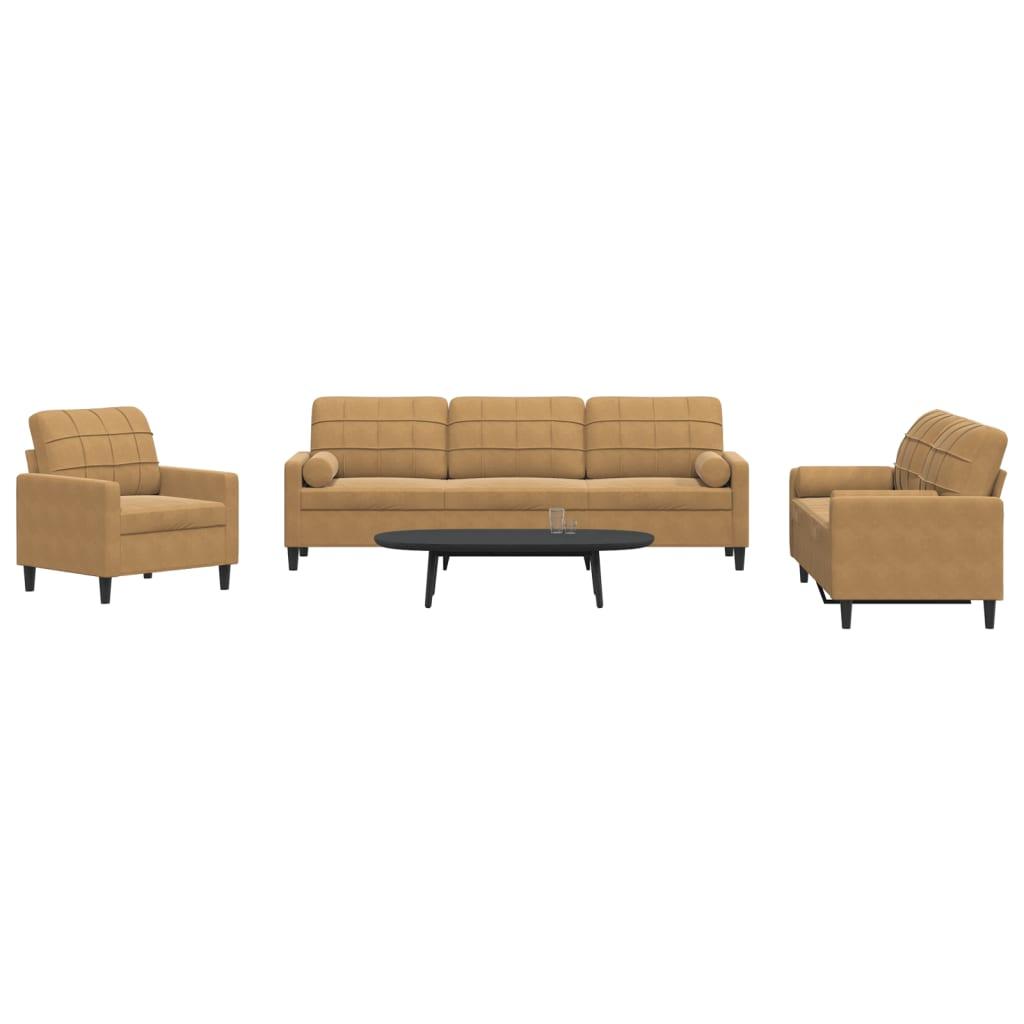 3 personers sofa med hynder og bolsterpuder velour brun
