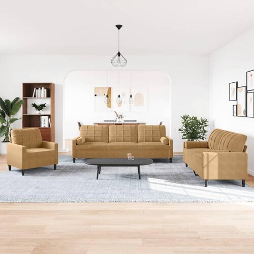3 personers sofa med hynder og bolsterpuder velour brun