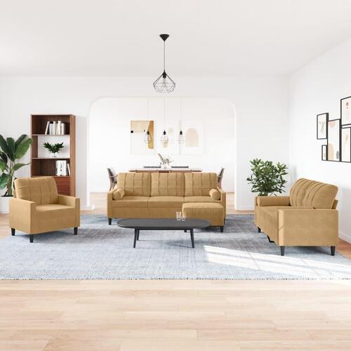 Sofasæt 4 dele med hynder og bolsterpuder velour brun