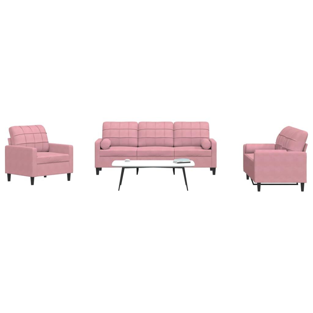 3 personers sofa med hynder og bolsterpuder velour lyserød