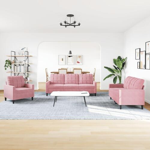 3 personers sofa med hynder og bolsterpuder velour lyserød