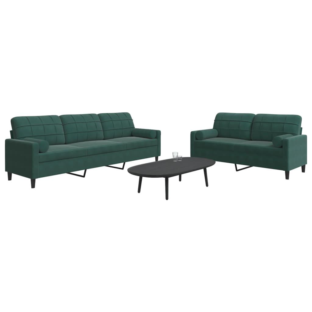 2 personers sofa med hynder og bolsterpuder velour mørkegrøn