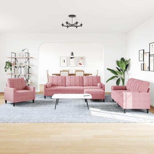 Sofasæt 4 dele med hynder og bolsterpuder velour lyserød