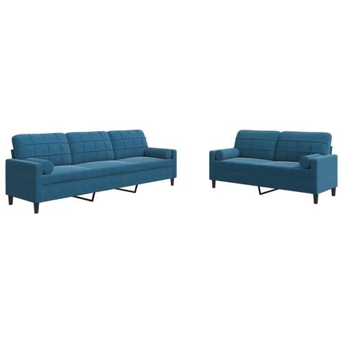 2 personers sofa med hynder og bolsterpuder velour blå