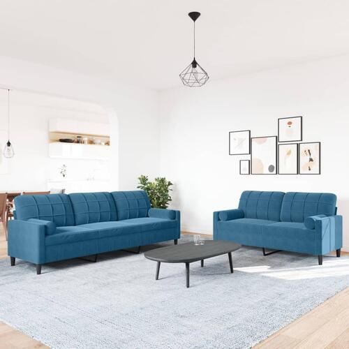 2 personers sofa med hynder og bolsterpuder velour blå