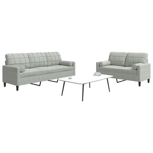 2 personers sofa med hynder og bolsterpuder velour lysegrå