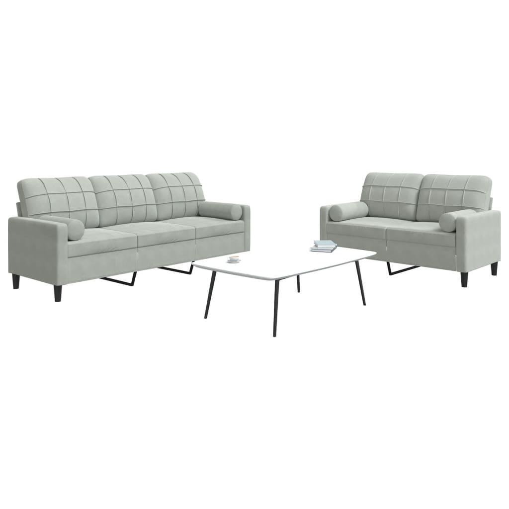 2 personers sofa med hynder og bolsterpuder velour lysegrå