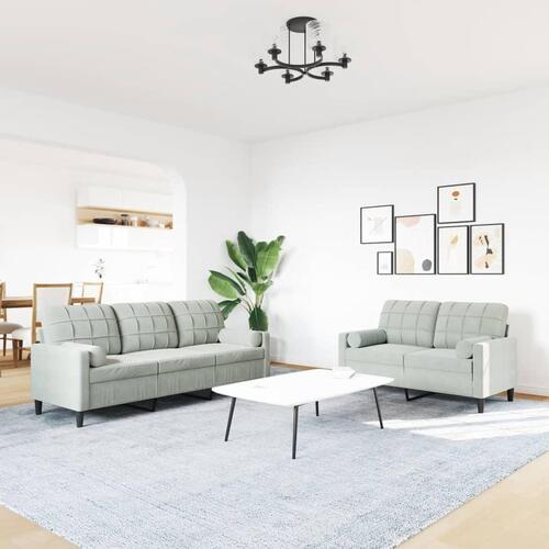 2 personers sofa med hynder og bolsterpuder velour lysegrå