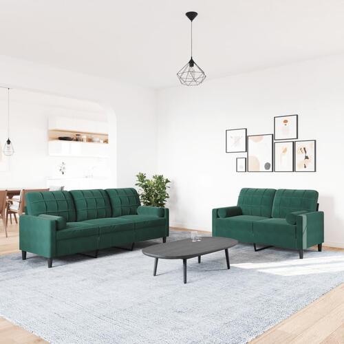 2 personers sofa med hynder og bolsterpuder velour mørkegrøn