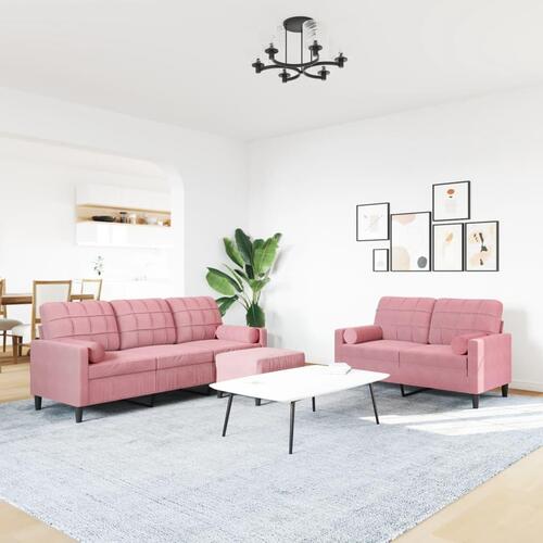3 personers sofa med hynder og bolsterpuder velour lyserød