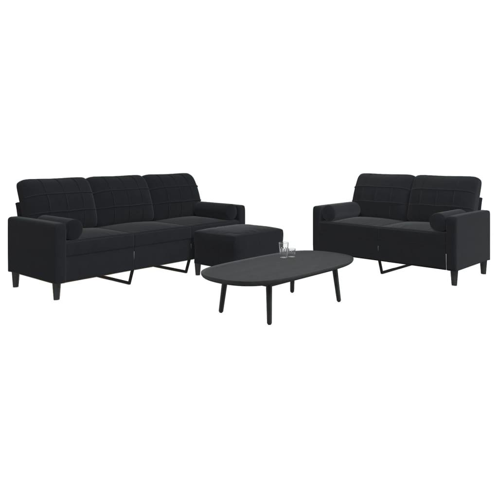 3 personers sofa med hynder og bolsterpuder velour sort