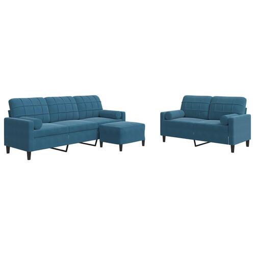 3 personers sofa med hynder og bolsterpuder velour blå