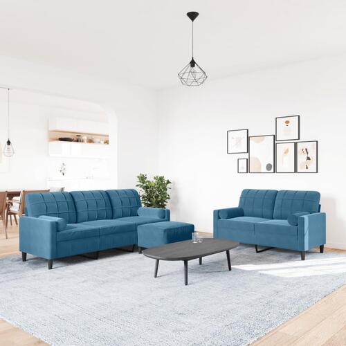 3 personers sofa med hynder og bolsterpuder velour blå