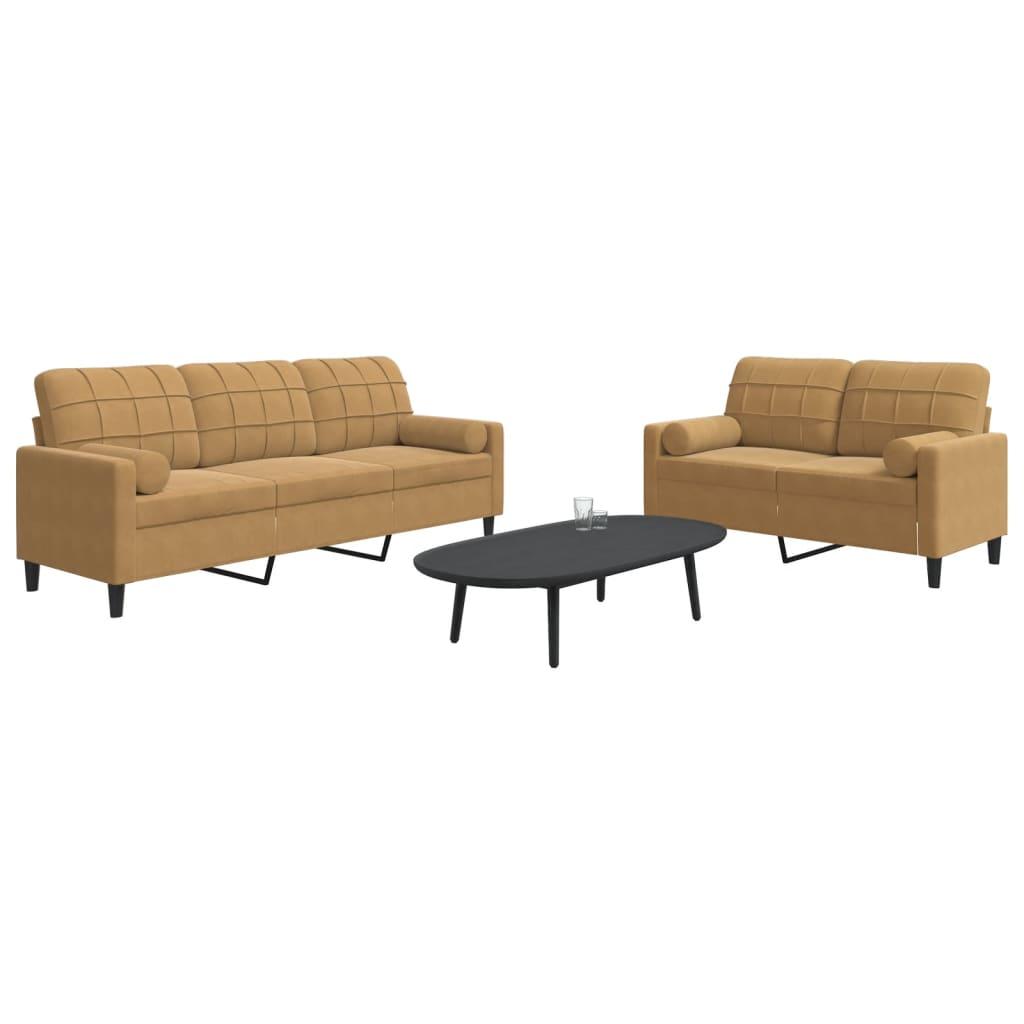 2 personers sofa med hynder og bolsterpuder velour brun
