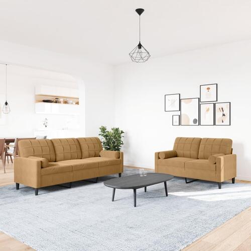 2 personers sofa med hynder og bolsterpuder velour brun