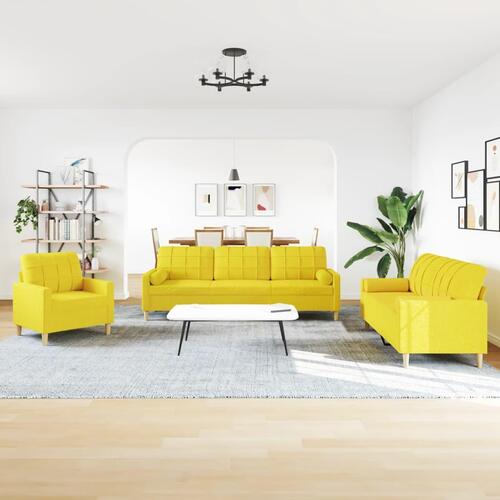 3 personers sofa med pyntepuder stof lysegul