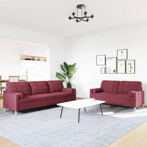 2 personers sofa med pyntepuder stof vinrød