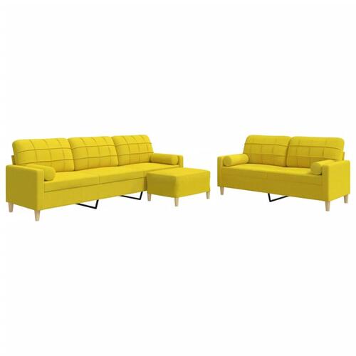 3 personers sofa med fodskammel og pyntepuder stof gul