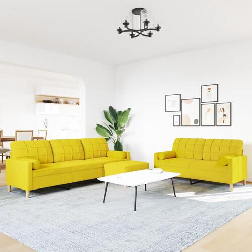 3 personers sofa med fodskammel og pyntepuder stof gul