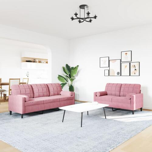 2 personers sofa med hynder og bolsterpuder velour lyserød