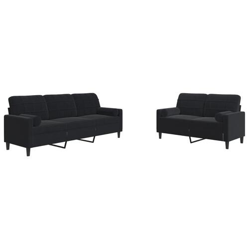 2 personers sofa med hynder og bolsterpuder velour sort