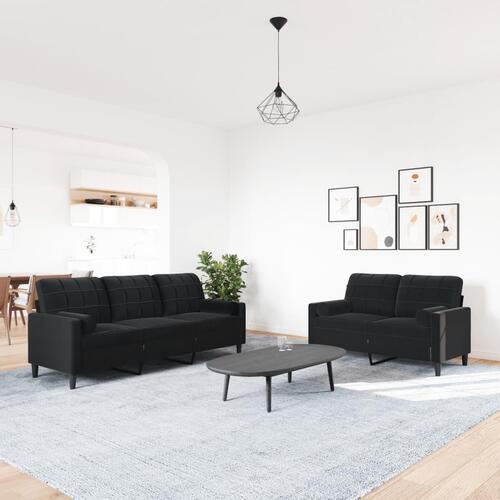 2 personers sofa med hynder og bolsterpuder velour sort