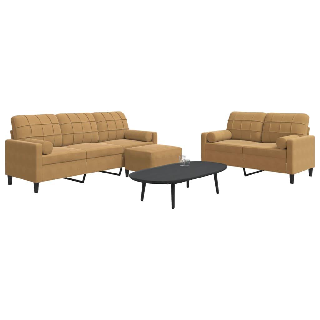 Sofasæt 3 dele med hynder og bolsterpuder velour brun billede