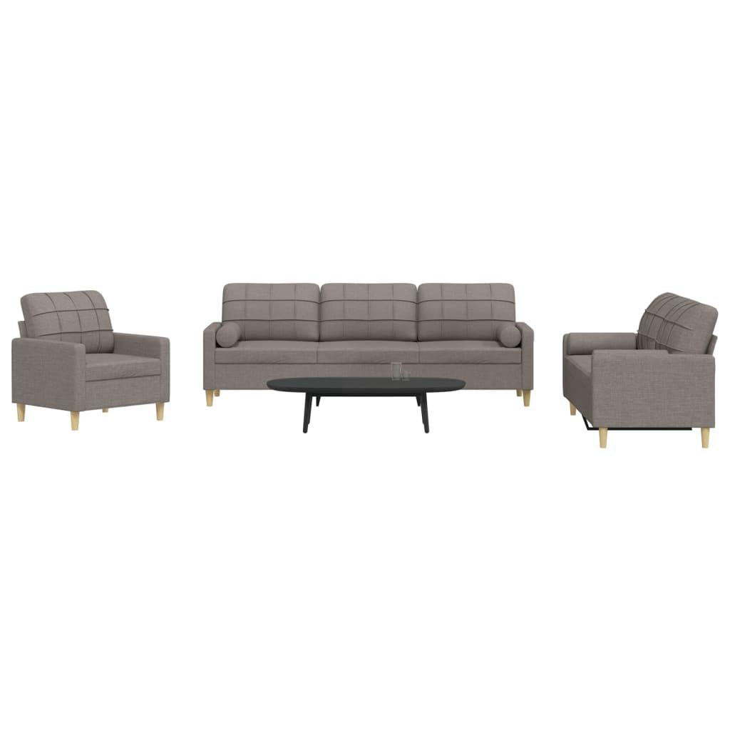 3 personers sofa med pyntepuder stof gråbrun