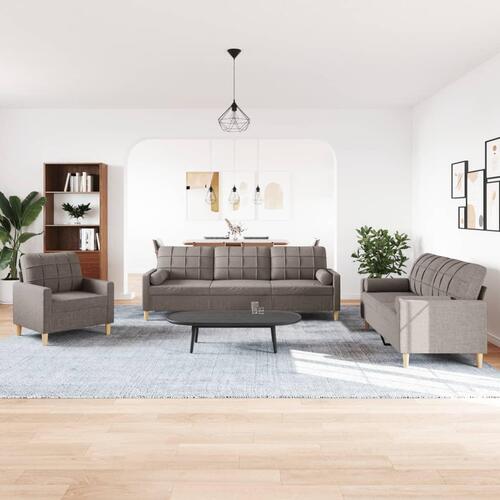 3 personers sofa med pyntepuder stof gråbrun