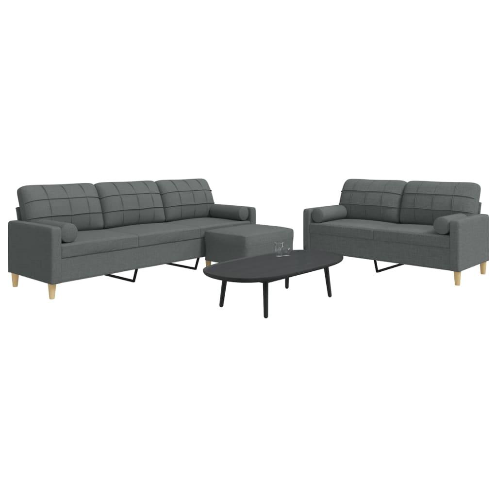 3 personers sofa med fodskammel og pyntepuder stof lysegrå