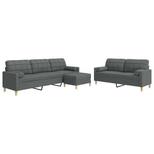 3 personers sofa med fodskammel og pyntepuder stof lysegrå