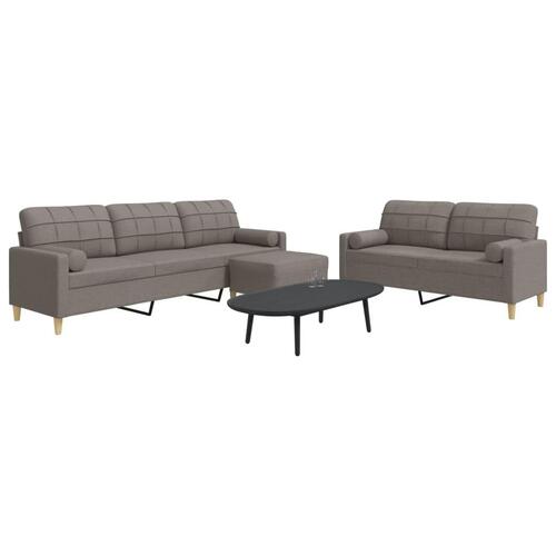 3 personers sofa med fodskammel og pyntepuder stof gråbrun