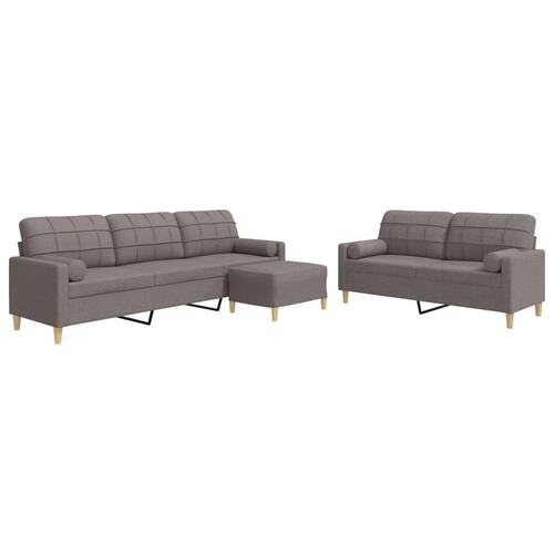 3 personers sofa med fodskammel og pyntepuder stof gråbrun