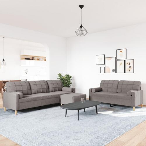 3 personers sofa med fodskammel og pyntepuder stof gråbrun