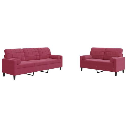 2 personers sofa med hynder og bolsterpuder velour vinrød