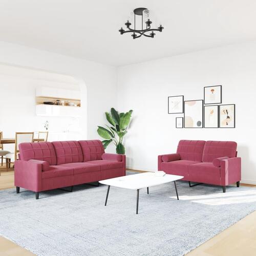2 personers sofa med hynder og bolsterpuder velour vinrød