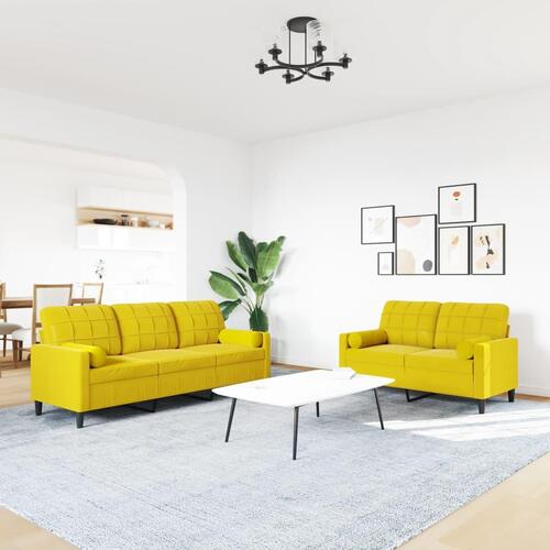 2 personers sofa med hynder og bolsterpuder velour gul