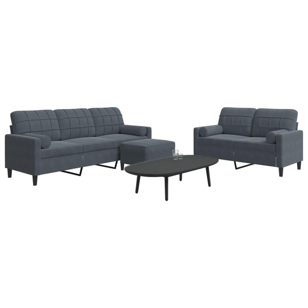 3 personers sofa med hynder og bolsterpuder velour mørkegrå