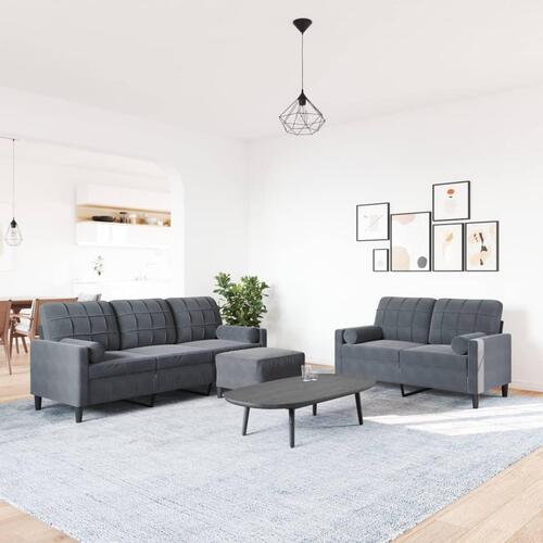 3 personers sofa med hynder og bolsterpuder velour mørkegrå